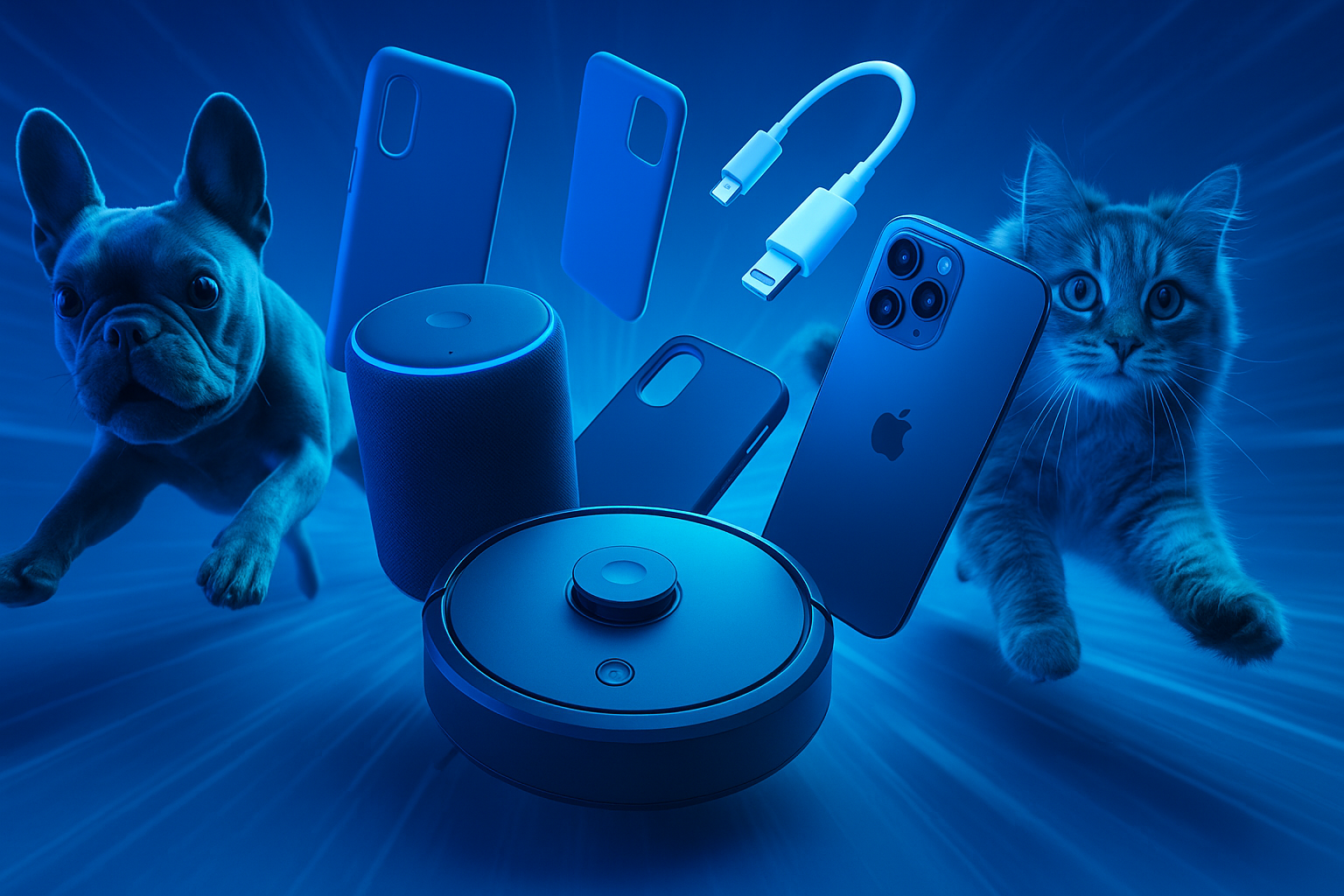 Faça um banner, onde, nele haja pet's, itens para casa(como alexa, aspirador de pó eletronico), e coisas para celular, como capinha, carregador, iphone, tudo isso correndo em direção da tela (visao do expectador). Faça isso para um site profissional, e utilize cores azuis choques, trazendo destaque